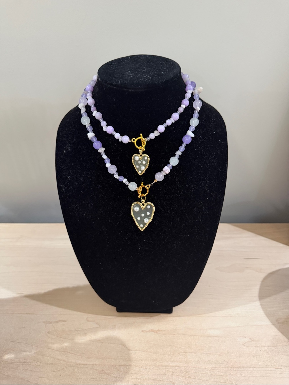 Gold Heart Pendant Lavender Beaded Necklace - Women Jewelry